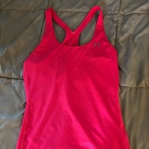 Bright pink UA workout tank top.